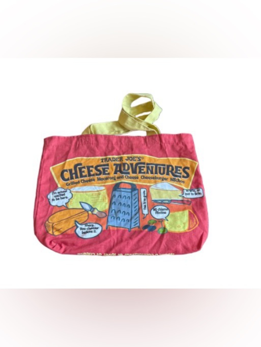 Trader Joe's cheese lover Cheese Adventures Tote Bag - red with Yellow Handles